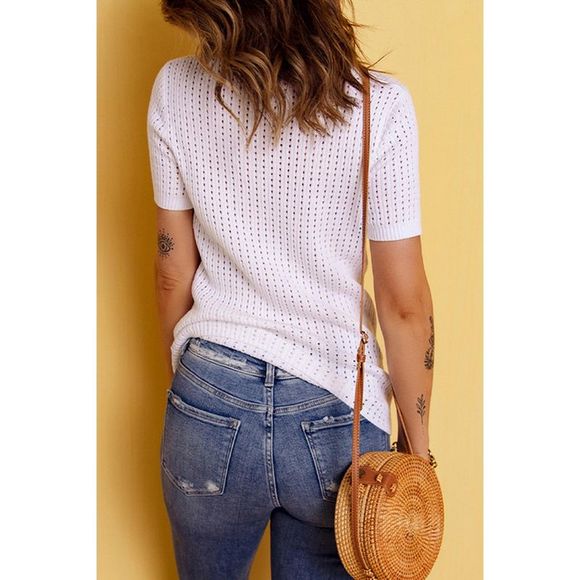 Azura Exchange  White Hollow-out Knitted Short Sleeve T Shirt - Picture 4 of 14